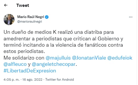 Tras los dichos de Roberto Navarro, referentes de la oposición expresaron su repudio sobre las declaraciones y apoyaron a los periodistas señalados.