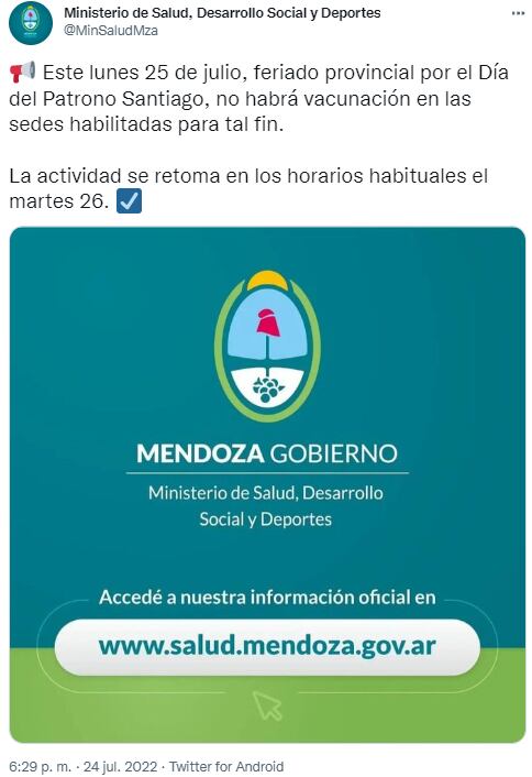 Según informó en sus redes oficiales, el Ministerio de Salud, Desarrollo Social y Deportes comunicó que la actividad se retomará en los horarios habituales desde el martes 26 de julio. 