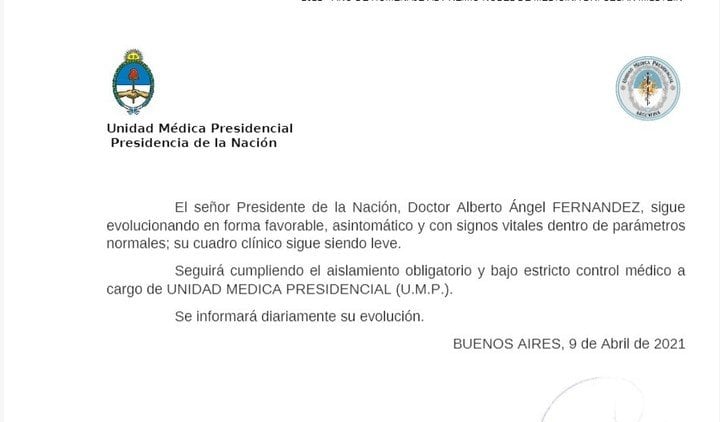 Parte médico de la salud de Alberto Fernández