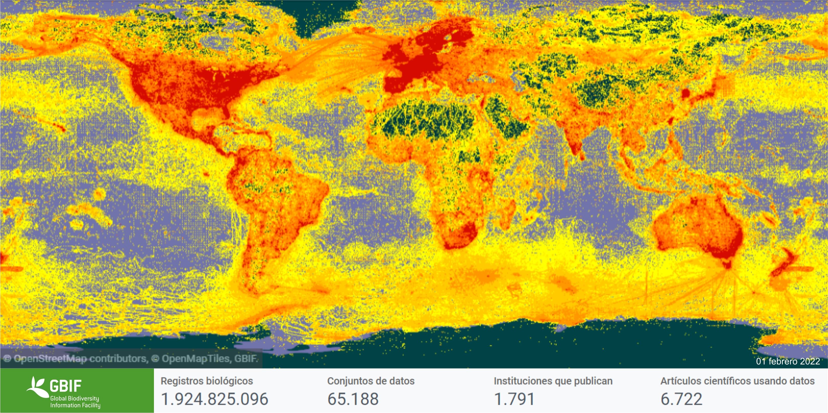 Distribución espacial de registros de colecta de biodiversidad. Los datos se devuelven como puntos y la agrupación de datos va del amarillo para datos individuales al rojo para sectores con la mayor disponibilidad de información.