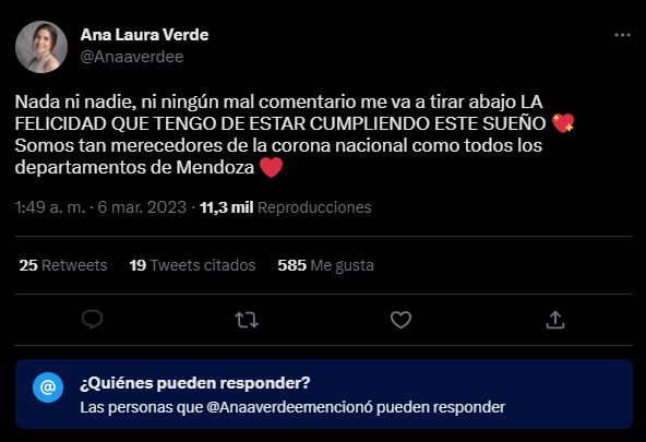 La reina de la Vendimia 2023 se defiende de los increíbles ataques: “Nadie me va a tirar abajo la felicidad”. Foto: Twitter