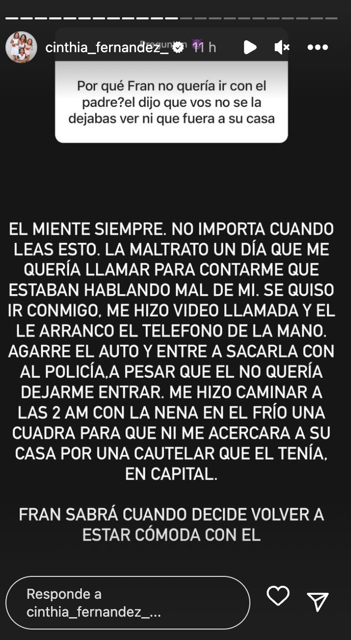 La historia de Cinthia Fernández en Instagram donde cuenta por qué su hija menor no quiere ver al padre.