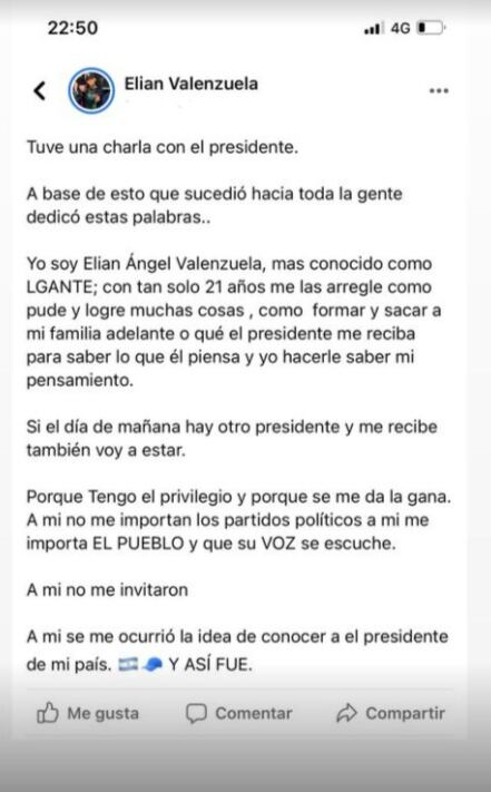 L-Gante publicó una carta en sus redes sociales para contestar a quienes lo criticaron por reunirse con el Presidente.