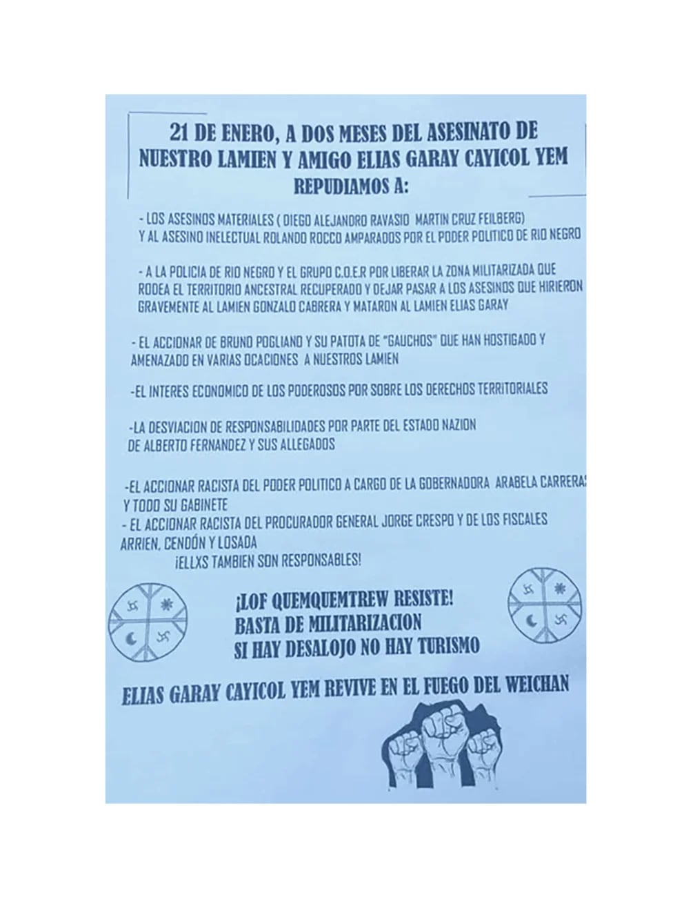 Flyer de la manifestación Mapuche.