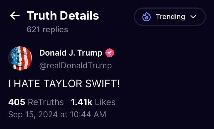 Tras su respaldo a Kamala Harris, Donald Trump le declaró la guerra a Taylor Swift. Captura: X