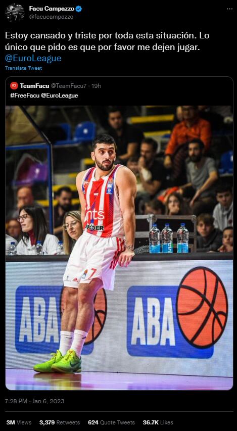 El duro mensaje de Campazzo tras conocer la noticia que lo alejaría de las canchas. Foto: Twitter/@facucampazzo