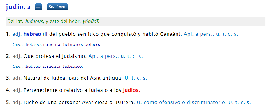 Acepciones de "judío". Captura: RAE