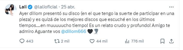 Lali felicitó a Dillom por su nuevo disco