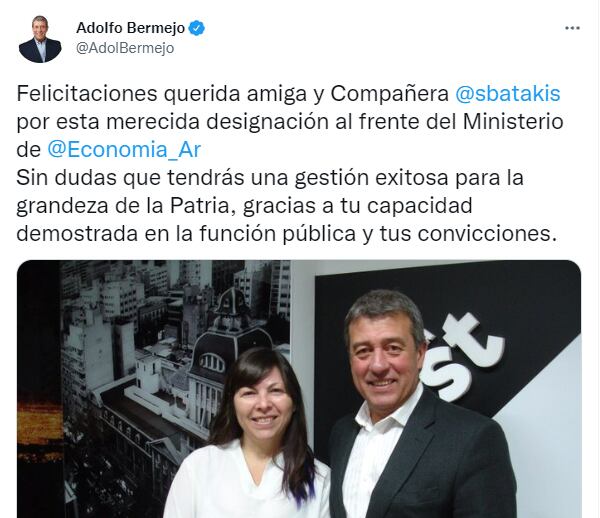 El diputado nacional Adolfo Bermejo felicitó a la nueva ministra de Economía.