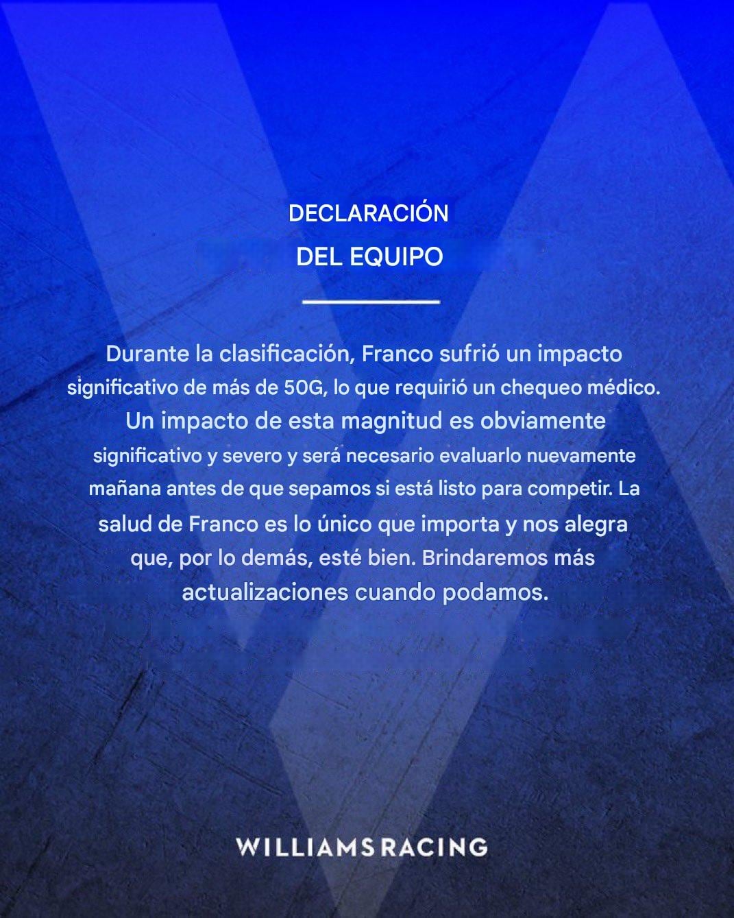 El comunicado que emitió Williams después del duro accidente que protagonizó Franco Colapinto.