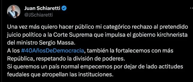 Schiaretti salió en defensa de la Corte y responsabilizó del juicio político al “gobierno kirchnerista de Massa”