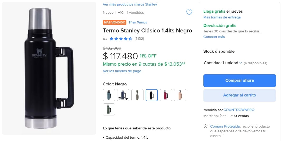 En Mercado Libre el mismo modelo de termo tiene un precio de $117.480.