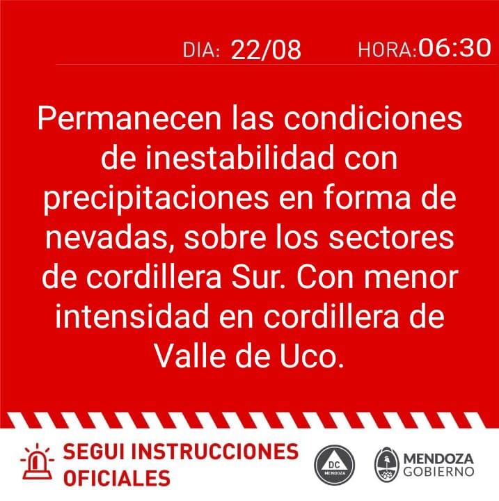 Alerta meteorológica en Mendoza emitida por Defensa Civil