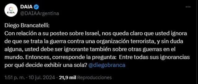 La respuesta de la DAIA contra Diego Brancatelli.