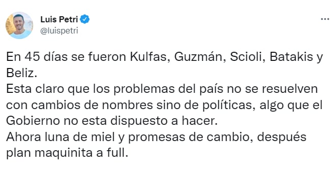 Diputados de Juntos por el Cambio cuestionaron los cambios en el gabinete de Alberto Fernández - Twitter