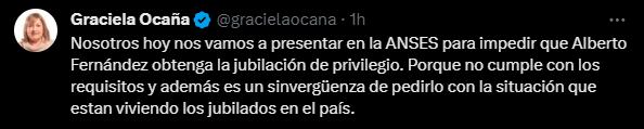 Graciela Ocaña se presentará ante la ANSES con el fin de denegarla la jubilación a Alberto Fernández.