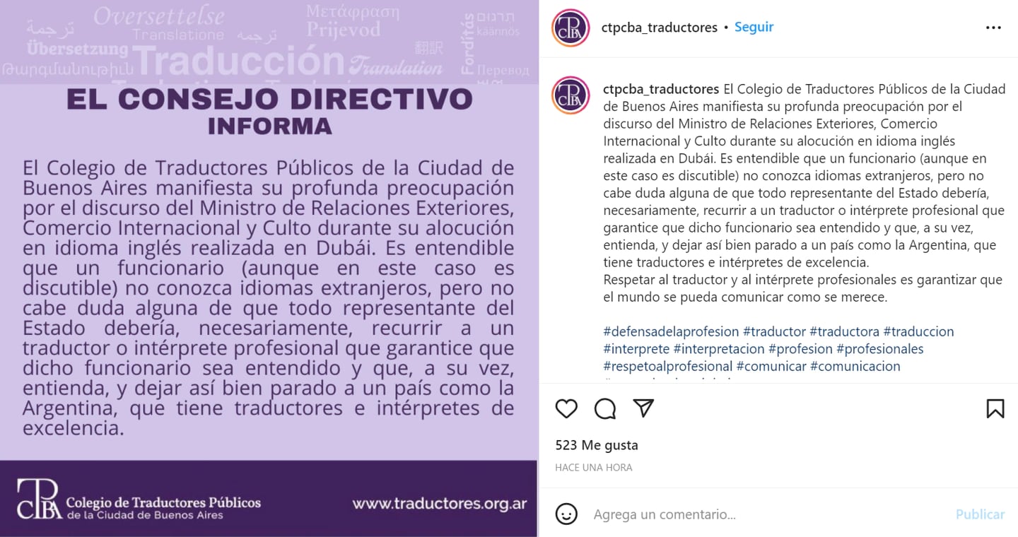 El Colegio de Traductores Públicos de la Ciudad criticó el inglés de Santiago Cafiero en Dubai. / Foto: Gentileza