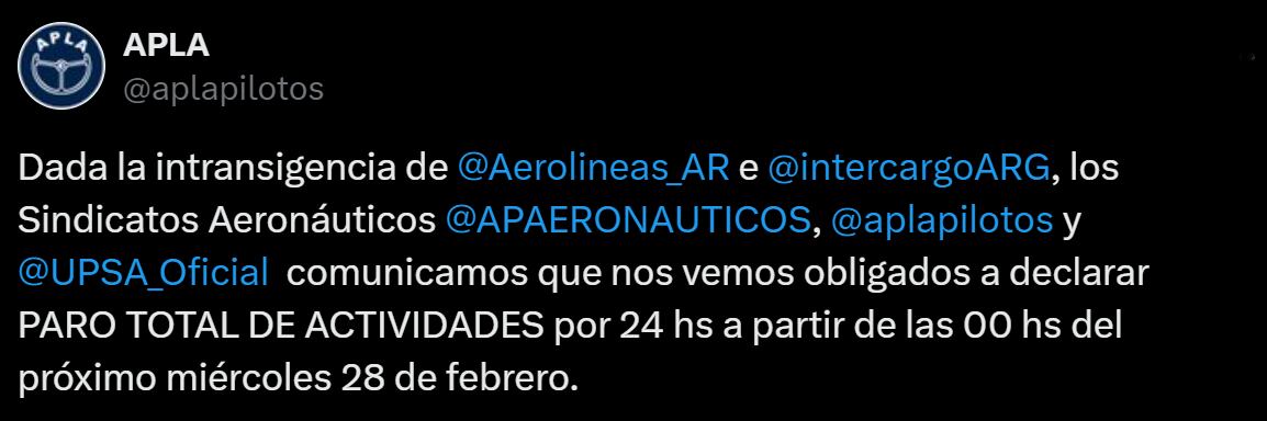 Comunicado de los sindicatos aeronáuticos. Captura: X / @aplapilotos