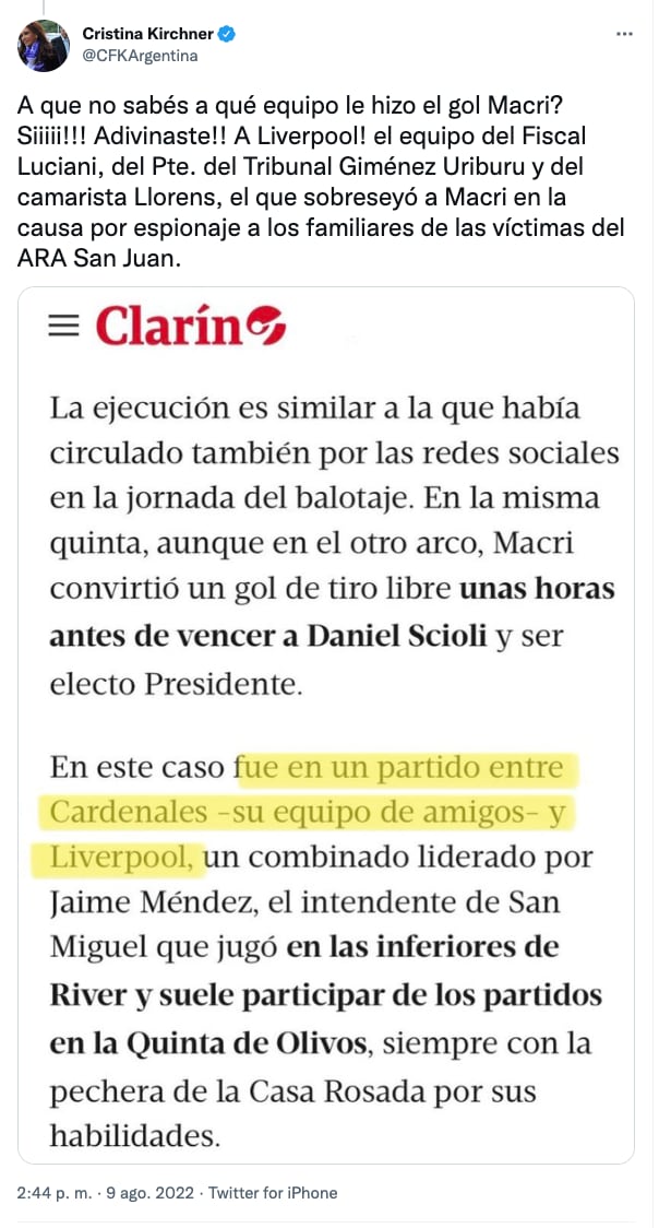 La vicepresidenta Cristina Kirchner publicó nuevos mensajes en Twitter contra un fiscal y un juez de la causa Vialidad y el supuesto vínculo que tienen con el ex presidente Macri.