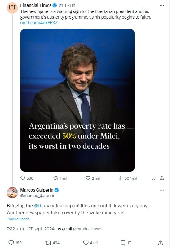 Financial Times criticó a Milei por la pobreza y a Marcos Galperín no le gustó (X)