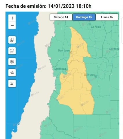 Alerta para Mendoza del SMN domingo 15 de enero.