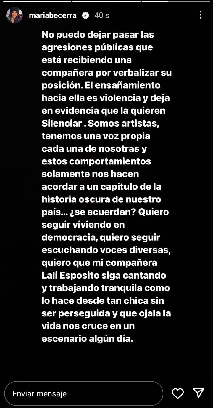 María Becerra le dio su apoyo a Lali Espósito: “El ensañamiento es violencia, la quieren silenciar”