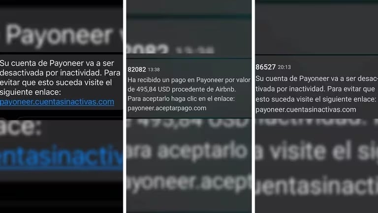 Algunos de los SMS que recibieron las víctimas en sus celulares. Gentileza.