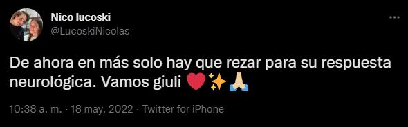 El hermano de Giuliana Lucoski comparte las novedades de la evolución de la ex reina de la Vendimia. Foto: Captura Twitter.