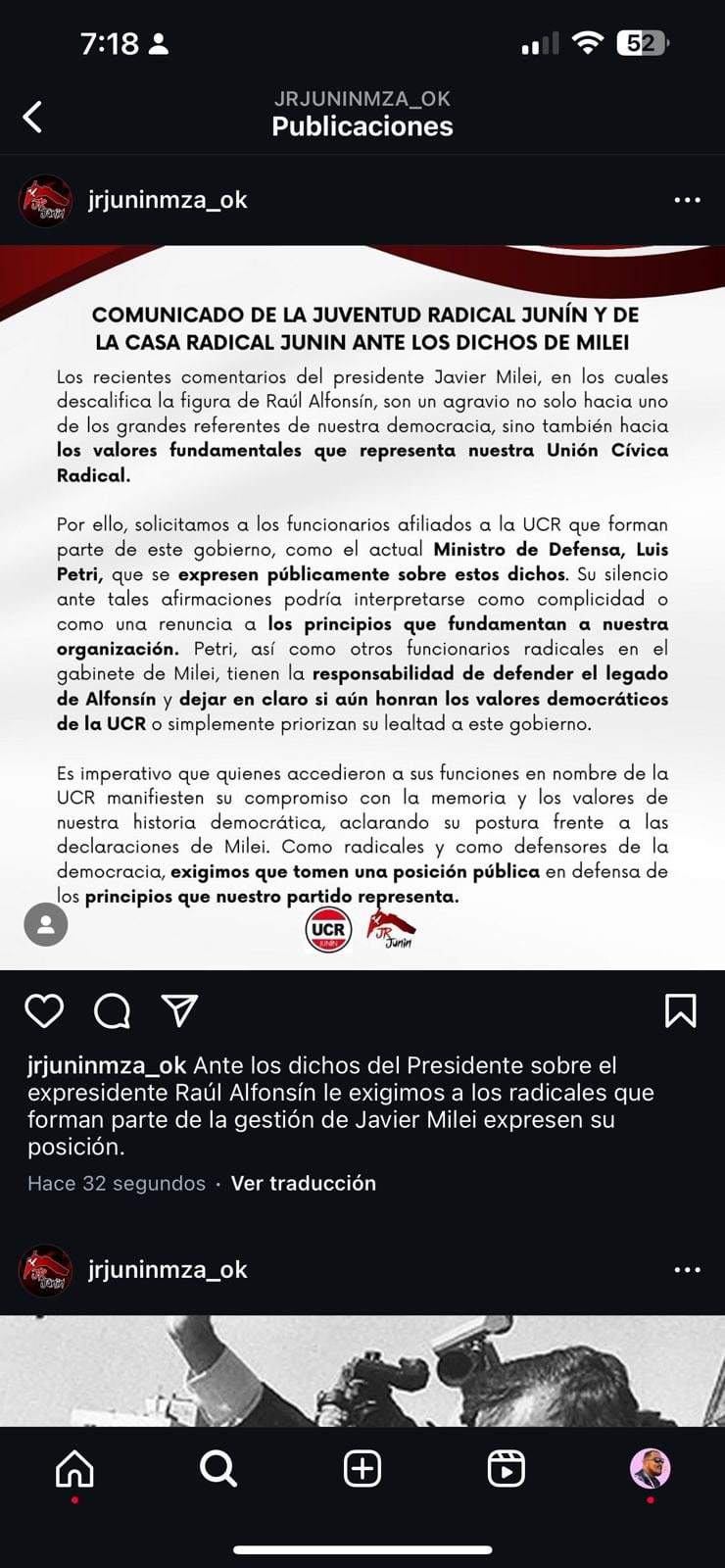 La Juventud Radical de Junín le exige a Luis Petri que se pronuncie sobre los ataques de Javier Milei a Raúl Alfonsín.