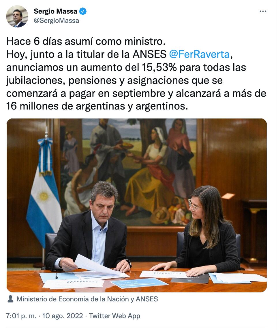 El ministro de Economía, Sergio Massa, y la titular de Anses, Fernanda Raverta, anunciaron aumento de 15,53% para jubilaciones, pensiones y asignaciones.