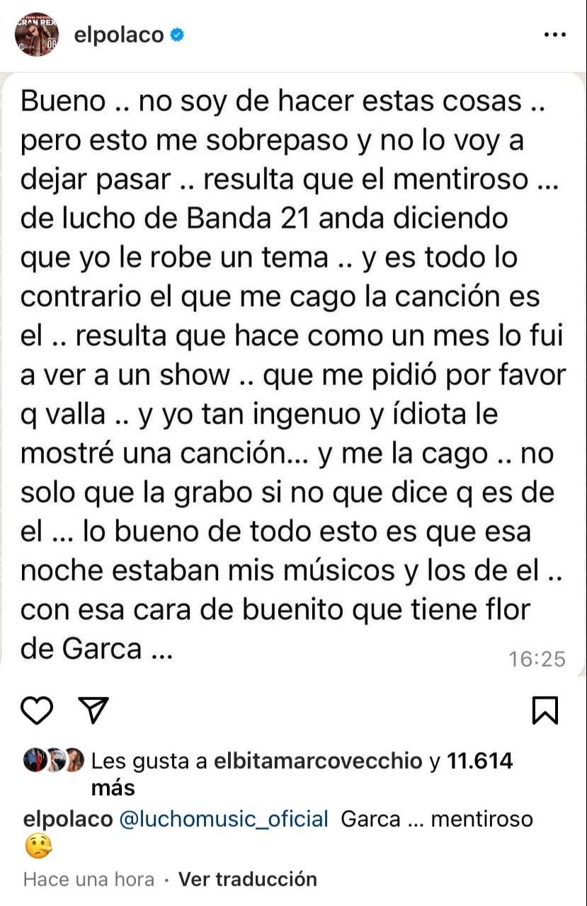 Guerra entre El Polaco y Lucho Castro, vocalista de Banda XXI. Captura de pantalla.