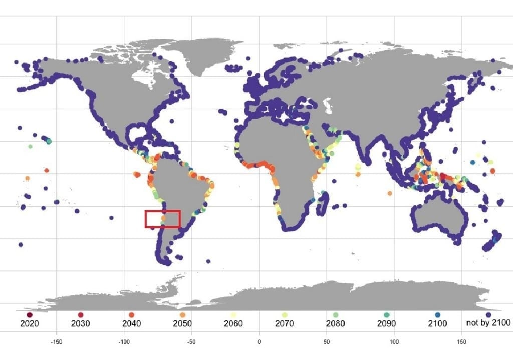 En un rectángulo rojo, las zonas de Chile que estarán inundadas en apenas 50 años más (Meteored)