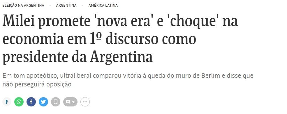 La asunción presidencial de Javier Milei en el Folha de Sao Paulo