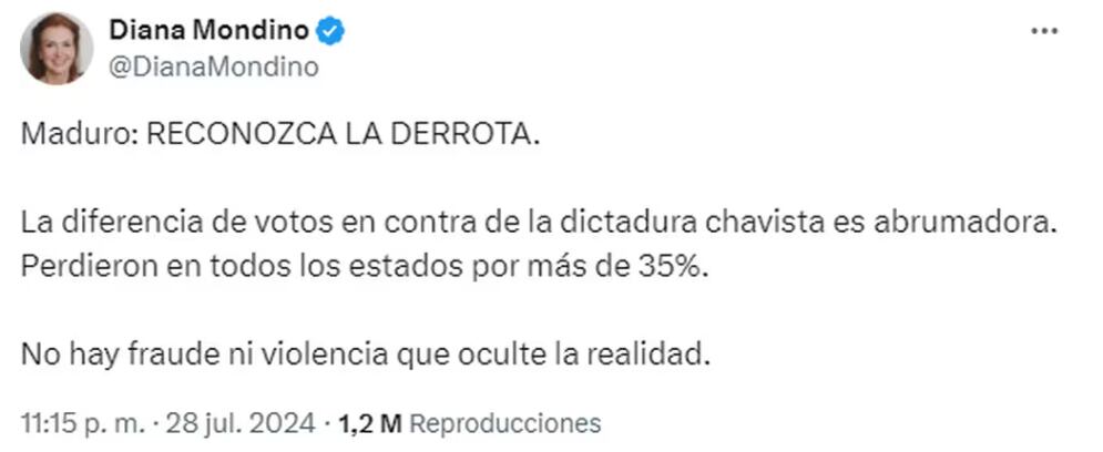 La canciller Diana Mondino denunció "fraude" en las elecciones de Venezuela. Captura: X / @DianaMondino