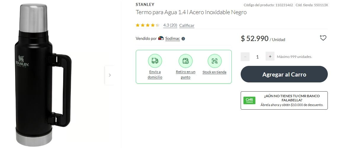 Un termo Stanley 1.4 litros de acero inoxidable se encuentra a $52.990 chilenos. 