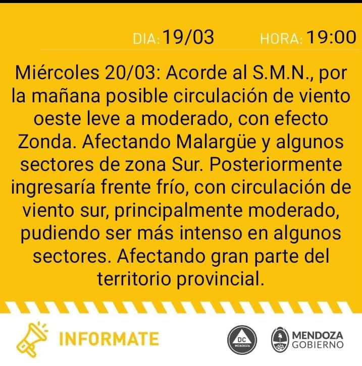 Alerta amarilla por Zonda de Defensa Civil para este miércoles.