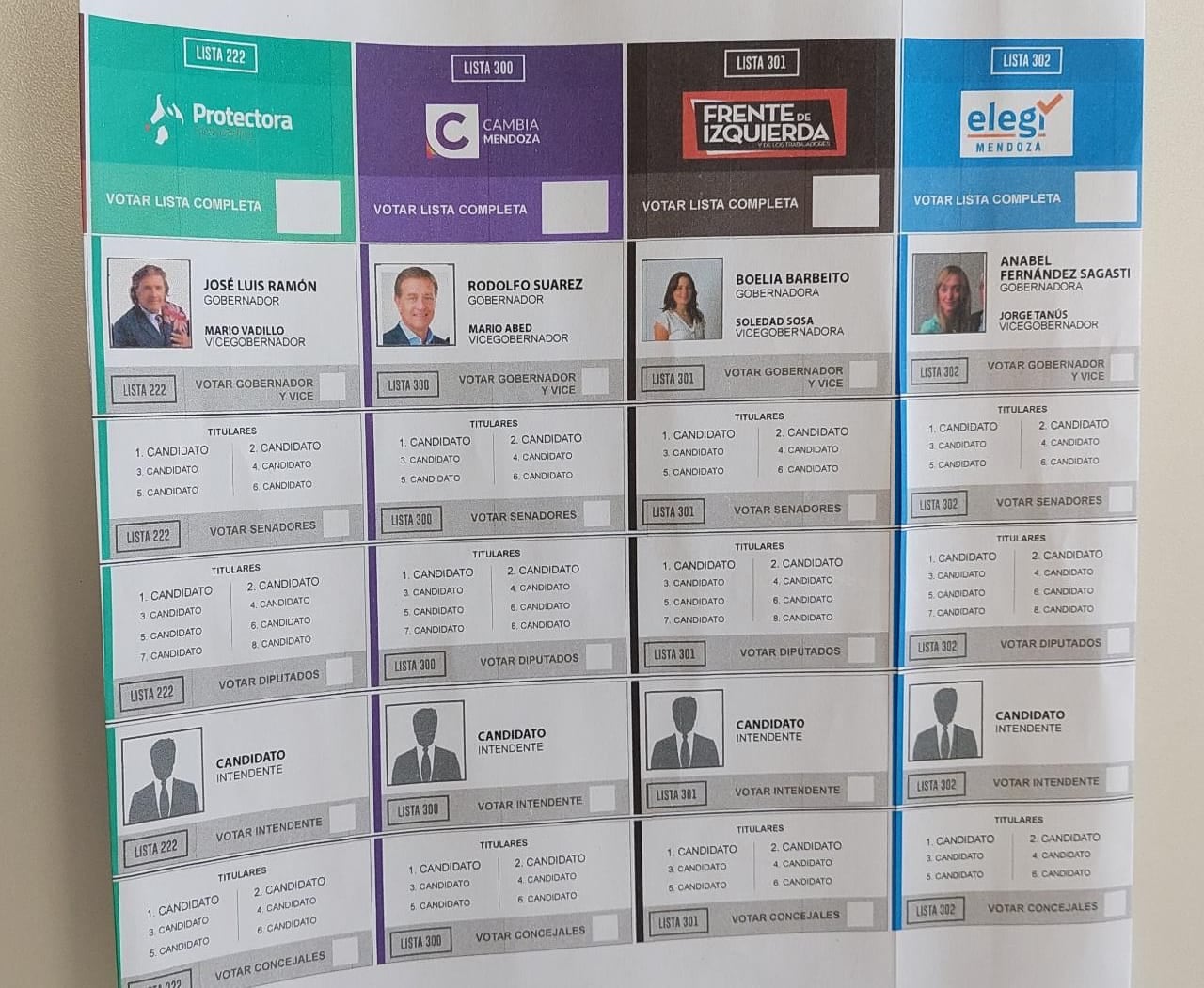 Modelo de Boleta Única. Arriba de las caras de los candidatos, está el casillero de la discordia, que el elector puede marcar para votar a toda la lista de ese partido.