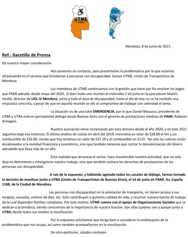 La nota donde la Unión de Transportistas de Mendoza explica los motivos de la protesta y movilización contra PAMI.