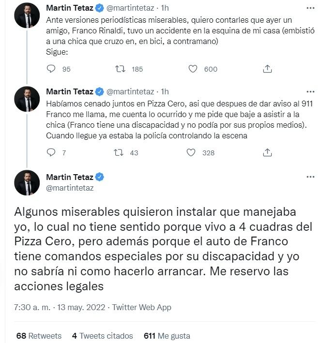 Martín Tetaz desmintió a C5N y contó que fue él quien acudió al lugar del accidente de Franco Rinaldi (Twitter)