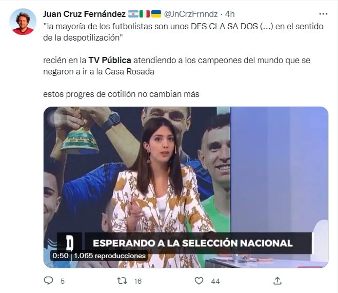 Críticas en redes sociales a la TV Pública por tildar de "desclasados" a los jugadores de la Selección Argentina (Twitter)