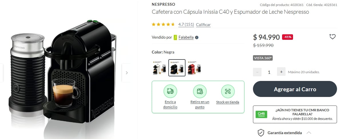 Una Cafetera con Cápsula Inissia C40 y Espumador de Leche a un precio promocional de $94.990 chilenos.