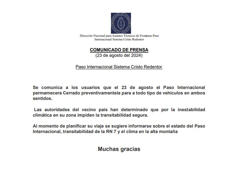 El comunicado de la Dirección Nacional para Asuntos Técnicos de Fronteras.