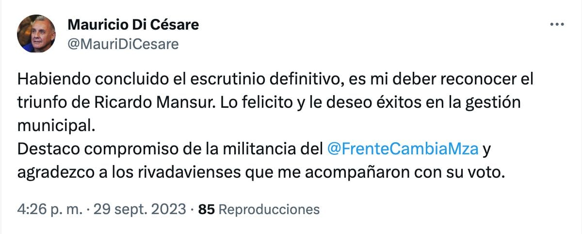 Mauricio Di Césare reconoció la derrota en Rivadavia.