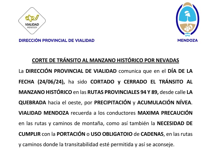 Corte de tránsito al Manzano Histórico. Captura: Gobierno de Mendoza