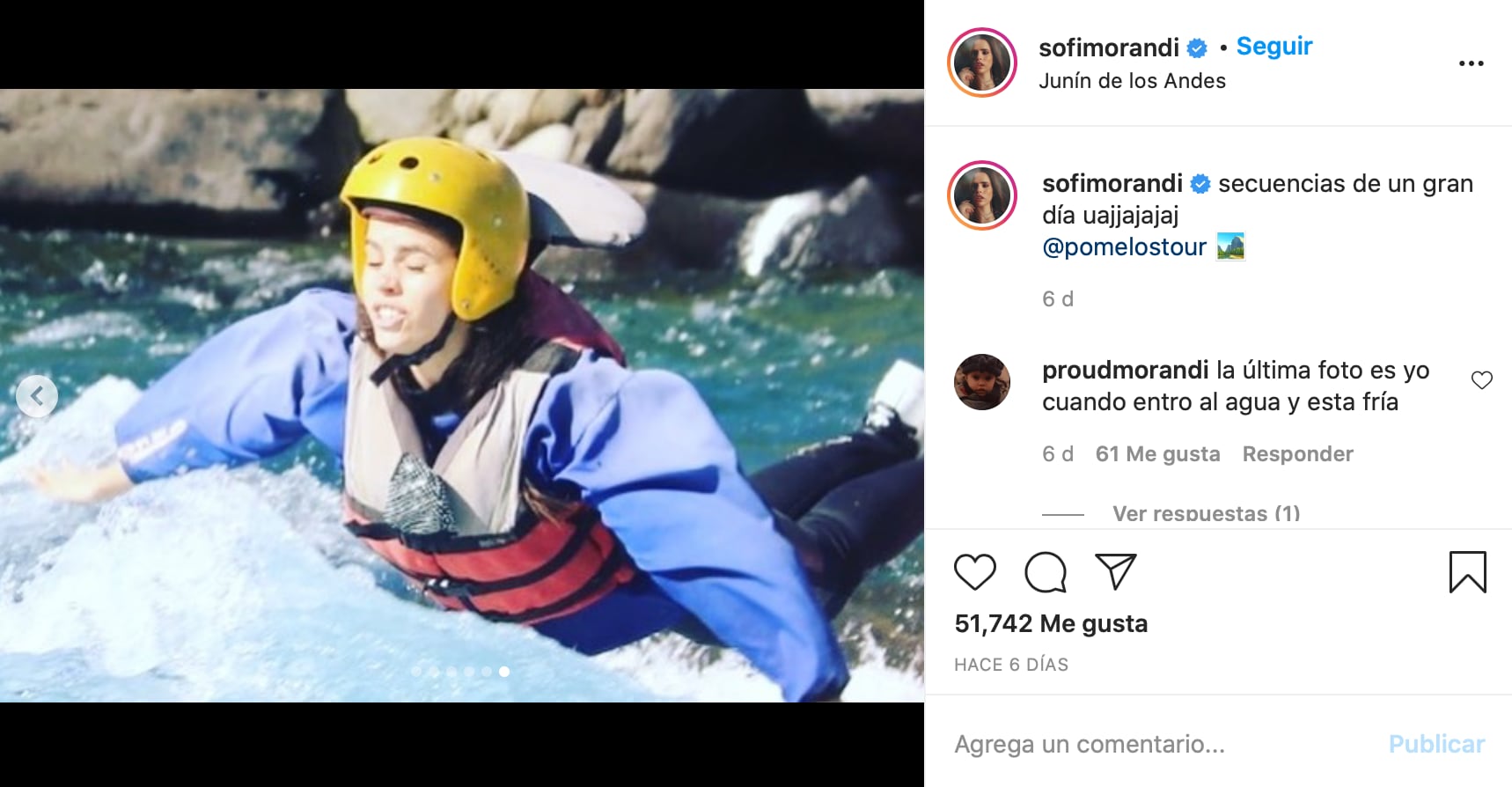 Una de las "mejores" fotos de Sofi Morandi haciendo rafting.