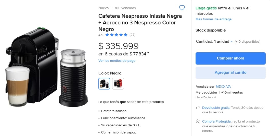 En nuestro país el modelo Nespresso Inissia Negro se encuentra en Mercado Libre a un precio de $335.999 argentinos.