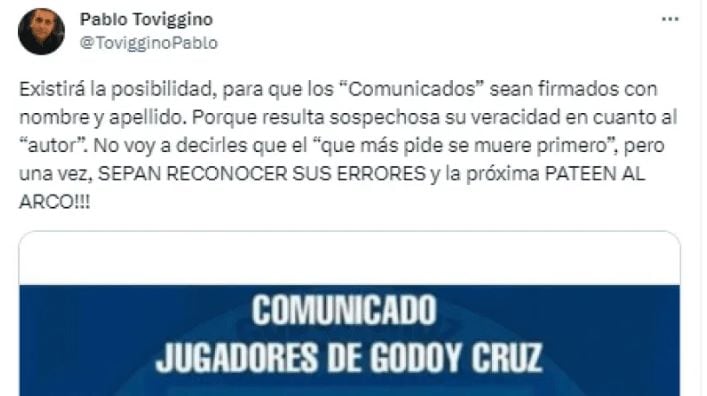 El tesorero de la AFA, Pablo Toviggino, cruzó con dureza a los jugadores de Godoy Cruz. 