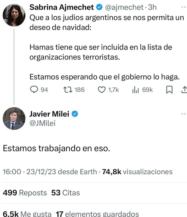 "Estamos trabajando en eso", aseguró el presidente Javier Milei en respuesta a un posteo en redes. Gentileza: Captura X