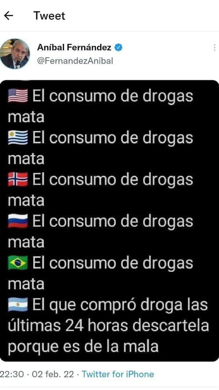 Cocaína adulterada: el tuit de Aníbal Fernández con el que se burló de Sergio Berni