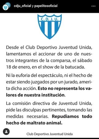 El comunicado de Club Deportivo Juventud Unida.